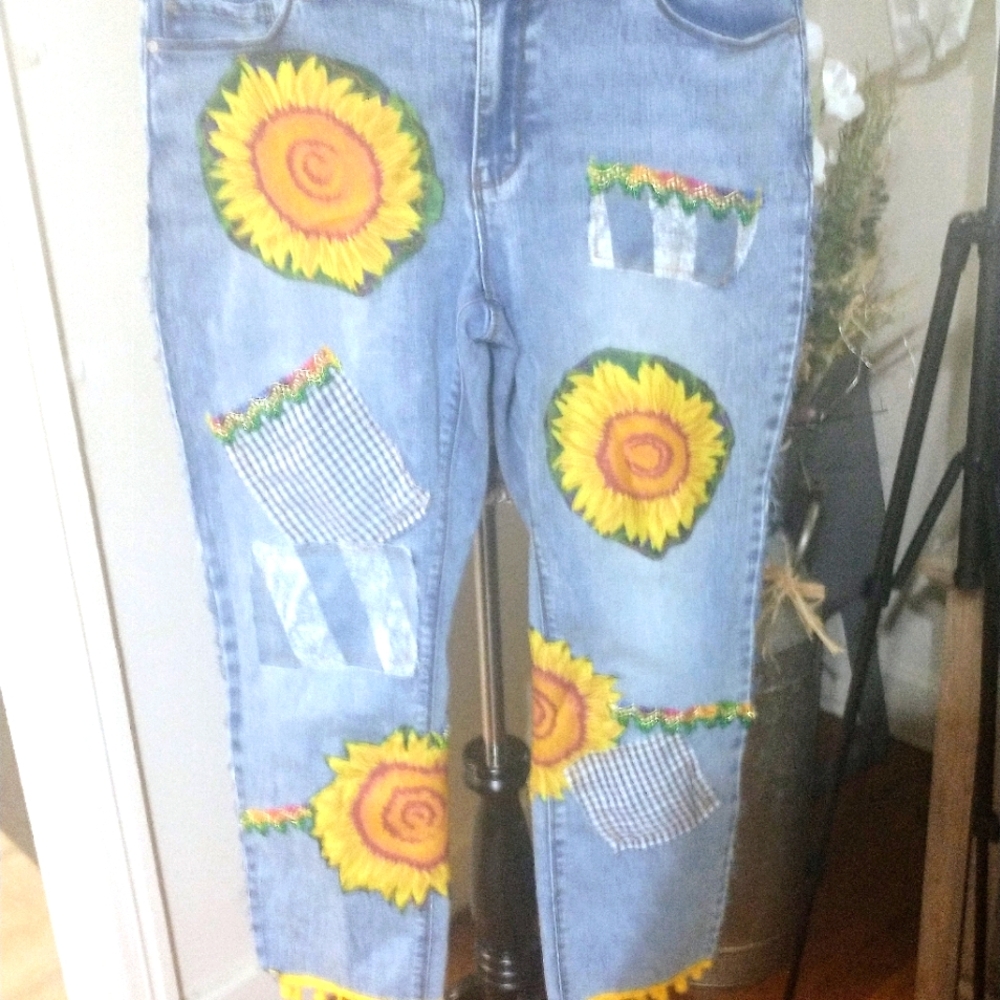 Redneck Princess artwork jeans, Boho , Shabby chic,homemade, sunflowers, baggie